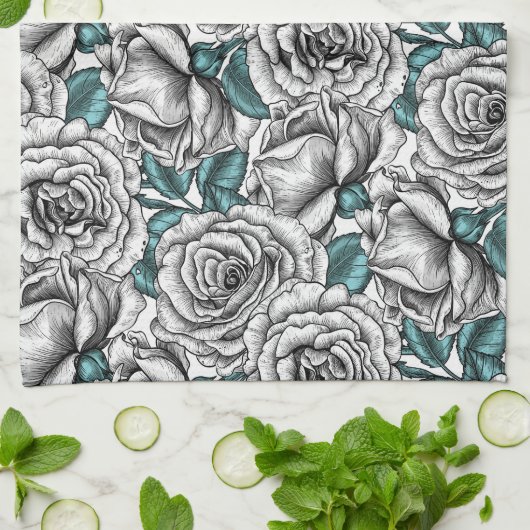 Witte rozen met blauwe bladeren theedoek (Gevouwen)