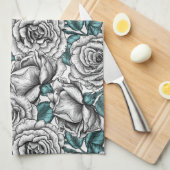 Witte rozen met blauwe bladeren theedoek (Quarter Fold)