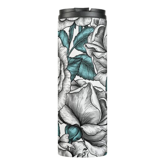 Witte rozen met blauwe bladeren thermosbeker (Achterkant)