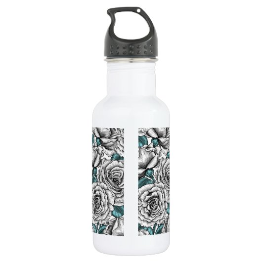 Witte rozen met blauwe bladeren waterfles  (Achterkant)