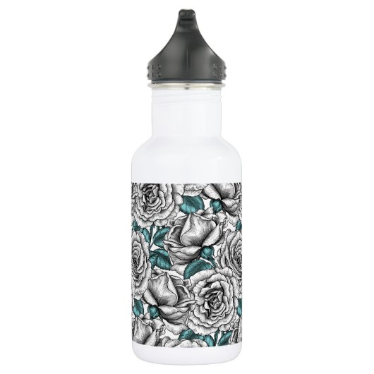 Witte rozen met blauwe bladeren waterfles  (Rechts)