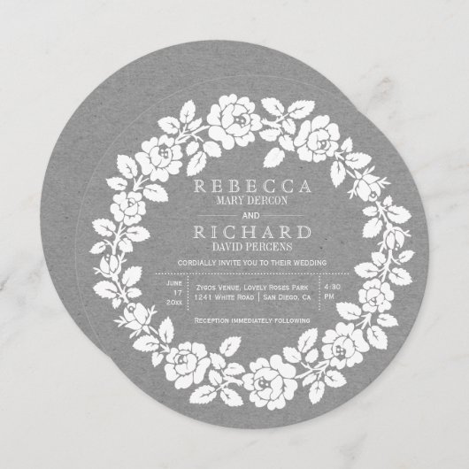 Witte rozen met grijze kraft bruiloft kaart (Voorkant / Achterkant)