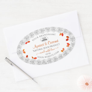 Witte rozen met Oranje bladeren Productlabels Logo Ovale Sticker