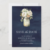Witte Rozen Metselaars Pot Foto Marineblauwe Huwel Save The Date (Voorkant)