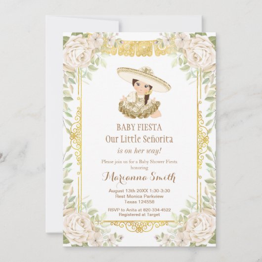Witte Rozen Mexicaanse Fiesta Baby Shower Uitnodig Kaart (Voorkant)
