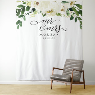 Witte Rozen Mr. & Mrs Bruiloft Achtergrond Banner Wandkleed