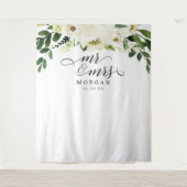 Witte Rozen Mr. & Mrs Bruiloft Achtergrond Banner Wandkleed (Voorkant)