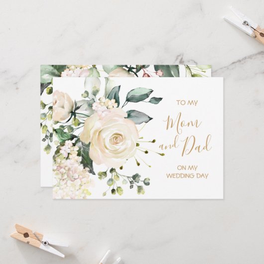 Witte rozen naar mijn moeder en vader op mijn huwe kaart (Voorkant / Achterkant in situ)