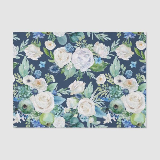 Witte rozen op blauwe achtergrond Decoupage Tissuepapier (Voorkant)