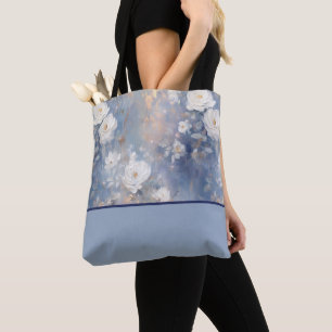 Witte rozen op blauwe achtergrond, kleurenblok tote bag