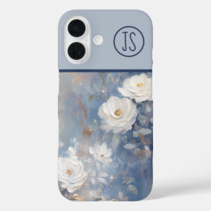 Witte rozen op blauwe achtergrond Monogrammed iPhone 16 Hoesje