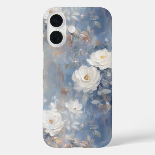 Witte rozen op blauwe achtergrond olieverfstijl iPhone 16 hoesje