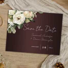 Witte Rozen op Bordeaux Boho Trouwkaart Save the D Aankondigingskaart