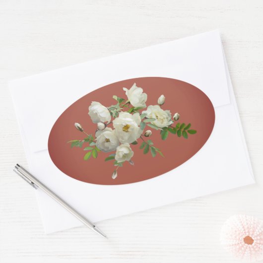 Witte rozen op droomgroene ovale sticker (Envelop)
