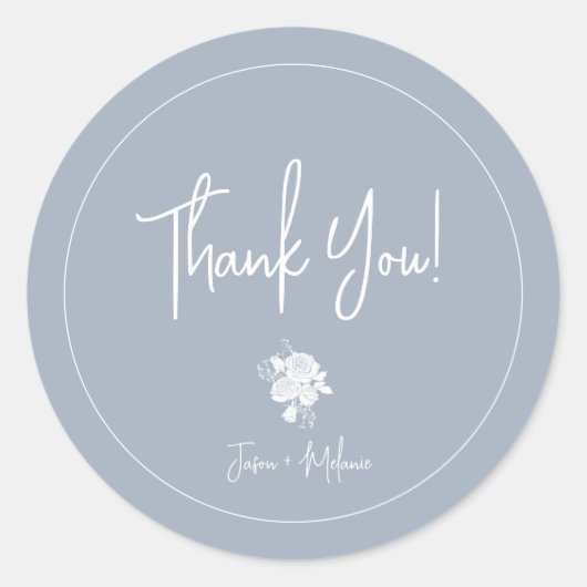 Witte Rozen op Dusty Blue Wedding Bedankt Sticker (Voorkant)