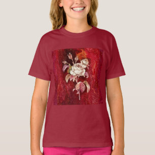 Witte rozen op een diep rode gestructureerde achte t-shirt