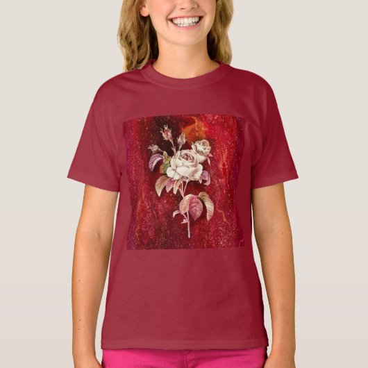 Witte rozen op een diep rode gestructureerde achte t-shirt (Voorkant)