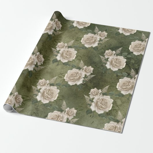 Witte rozen op groen cadeaupapier (Uitgerold)