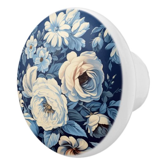 Witte rozen op Indigo blauwe achtergrond Keramische Knop (Rechts)