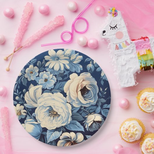 Witte rozen op Indigo blauwe achtergrond Papieren Bordje (Feest)