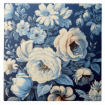 Witte rozen op Indigo blauwe achtergrond Tegeltje<br><div class="desc">Antiek witte rozen en madeliefjes op een rijke indigoblauwe achtergrond.</div>