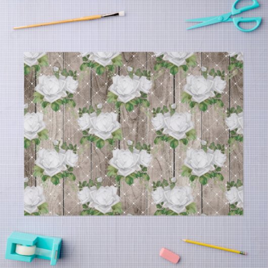 Witte rozen op Rustic Wood-rotatie Tissuepapier (Craft)
