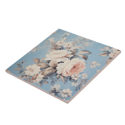 Witte Rozen op rustieke blauwe achtergrond Tegeltje (Zijkant)