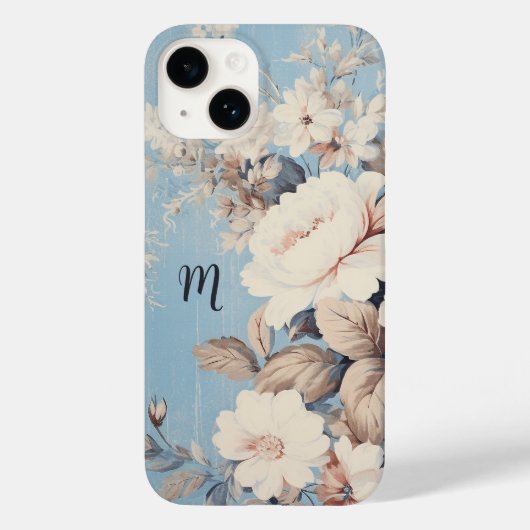 Witte Rozen op Rustieke Blauwe Achtergrond w/Monog Case-Mate iPhone Case (Achterkant)