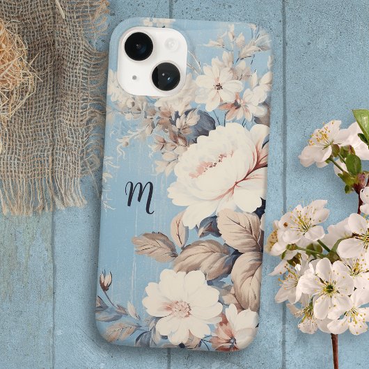 Witte Rozen op Rustieke Blauwe Achtergrond w/Monog Case-Mate iPhone Case