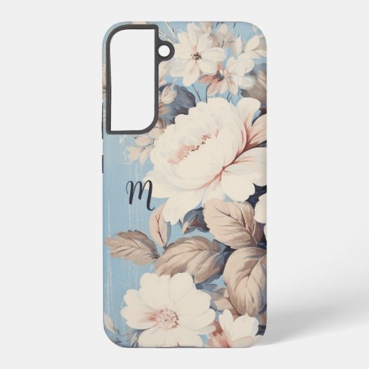 Witte Rozen op Rustieke Blauwe Achtergrond w/Monog Samsung Galaxy Hoesje (Achterkant)