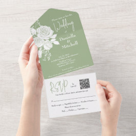 Witte rozen op 'Sage All in One Wedding Invite' Uitnodiging