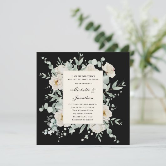 Witte Rozen op Zwarte Bijbel Verse Christelijke br Kaart (Staand voorkant)