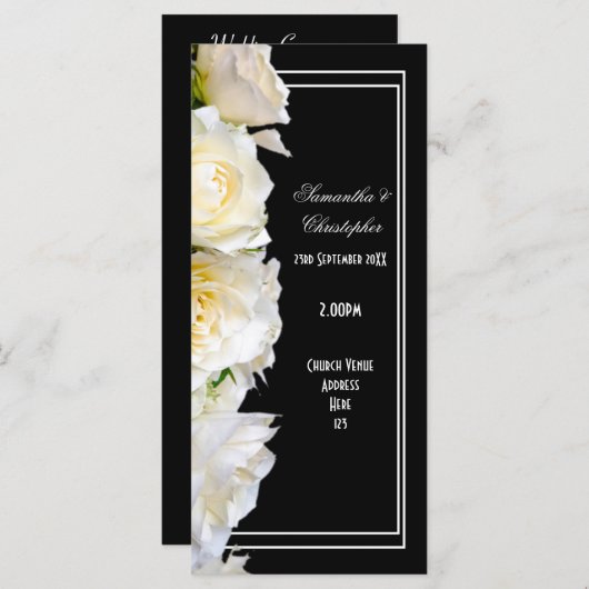 Witte rozen op zwarte kerk huwelijksprogramma programmakaart (Voorkant / Achterkant)