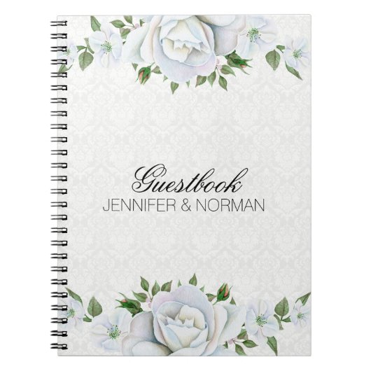Witte rozen over witte damast notitieboek (Voorkant)