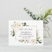 Witte Rozen Pioenrozen Bloeiende Bruiloft Save The Date (Staand voorkant)