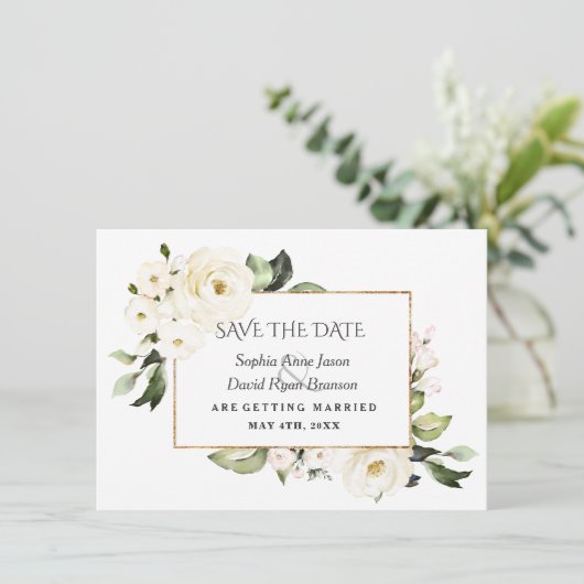 Witte Rozen Pioenrozen Bloeiende Bruiloft Save The Date (Staand voorkant)