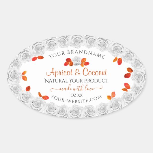  witte rozen Productlabels Oranje bladeren Ovale Sticker (Voorkant)