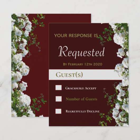 witte rozen rode achtergrond bruiloft RSVP kaartje (Voorkant / Achterkant)