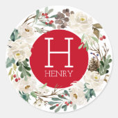 Witte rozen & rode bessen Kerstkrans Ronde Sticker (Voorkant)