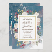 Witte rozen rode bessen op blauwe christelijke bru kaart (Voorkant / Achterkant)