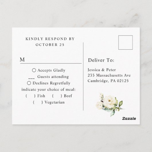 Witte Rozen Royal Blue Wood RSVP Maaltijd Keuze Briefkaart (Achterkant)