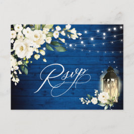 Witte Rozen Royal Blue Wood RSVP Maaltijd Keuze Briefkaart
