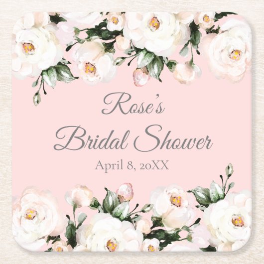 Witte Rozen | Roze Bruidsdouche Kartonnen Onderzetters (Voorkant)