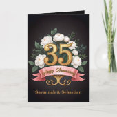 Witte Rozen Roze lint 35ste bruiloft Jubileum Kaart (Voorkant)