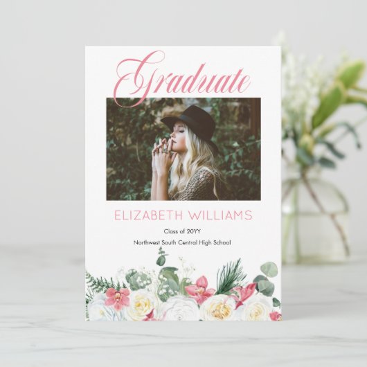 Witte rozen |Roze orchidee 4 Fotocollage Afstudere Aankondiging (Staand voorkant)