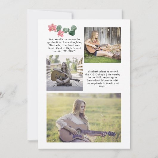 Witte rozen |Roze orchidee 4 Fotocollage Afstudere Aankondiging (Achterkant)