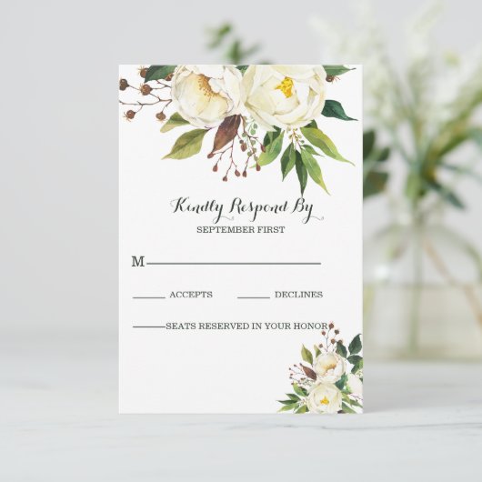 Witte rozen RSVP kaartje (Staand voorkant)