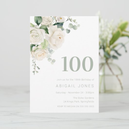 Witte Rozen & Sage 100ste Verjaardagsfeest Kaart (Staand voorkant)
