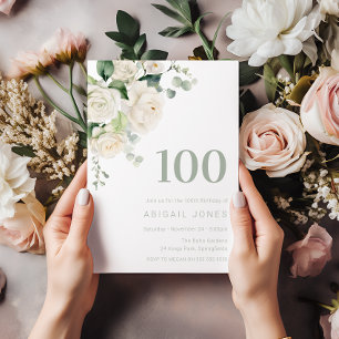 Witte Rozen & Sage 100ste Verjaardagsfeest Kaart