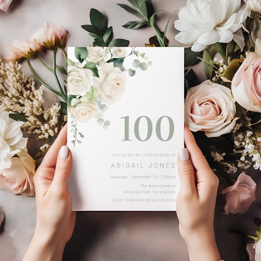Witte Rozen & Sage 100ste Verjaardagsfeest Kaart